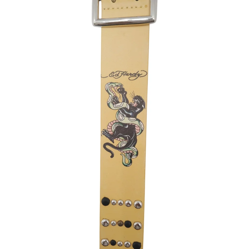 Ed Hardy Yellow Leather Belt‎ with Tattoo Design Sz 36 NWT